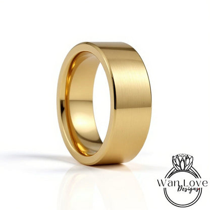 Mens Gold Tungsten Wedding Bands, 14k Yellow Gold Tungsten Wedding Band, Mens Wedding Bands, Shiny Polished Tungsten Ring - 8mm Comfort Fit