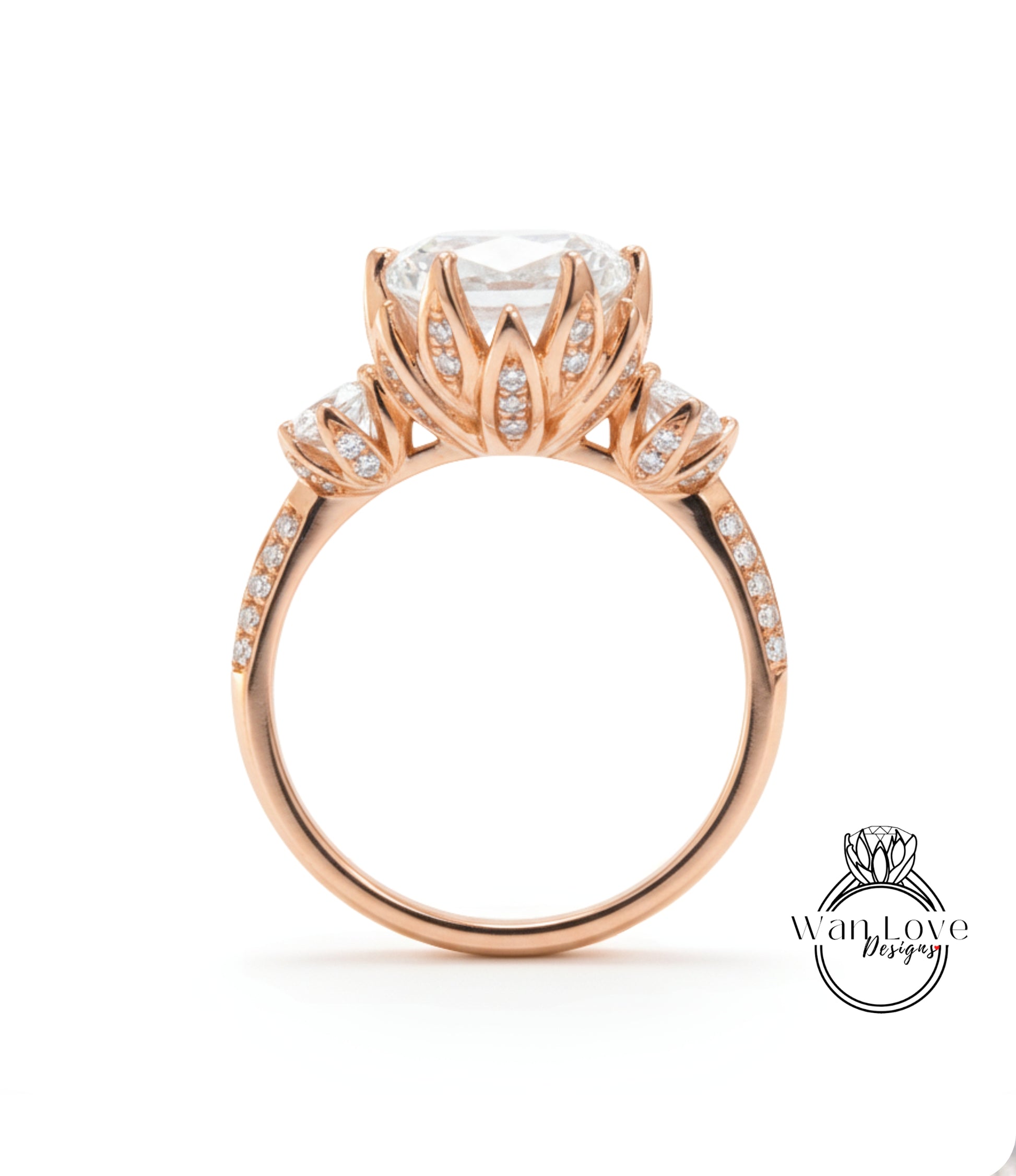 A beautiful rose gold engagement ring with a large central diamond surrounded by smaller diamonds on the band.