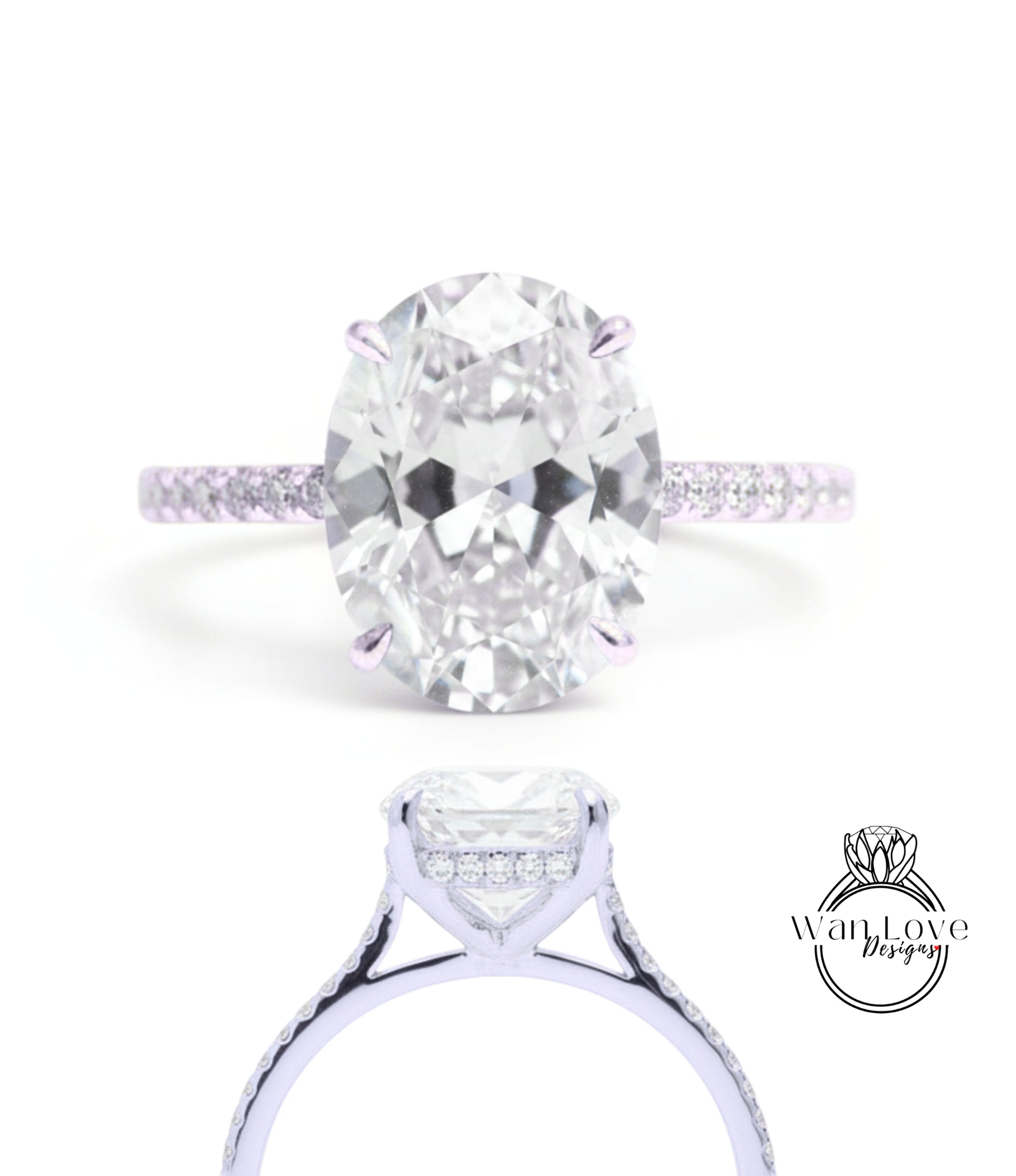 A large oval-shaped diamond engagement ring with a halo of smaller diamonds around the center stone.
