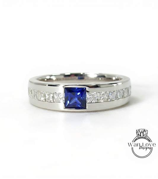 Men's Blue Sapphire Wedding Princess Cut Mens Wedding Band, Solid Gold 10/14k/18k Wedding Ring, Moissanite Wedding Ring, His Wedding Band