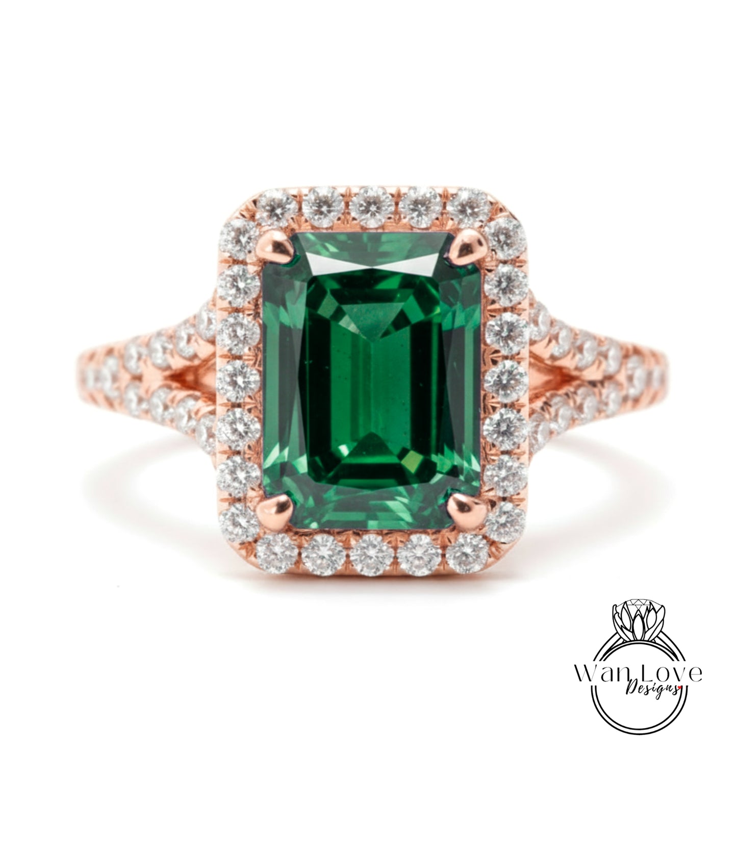 A stunning engagement ring with a large, rectangular green gemstone surrounded by a halo of smaller diamonds set in a rose gold band.