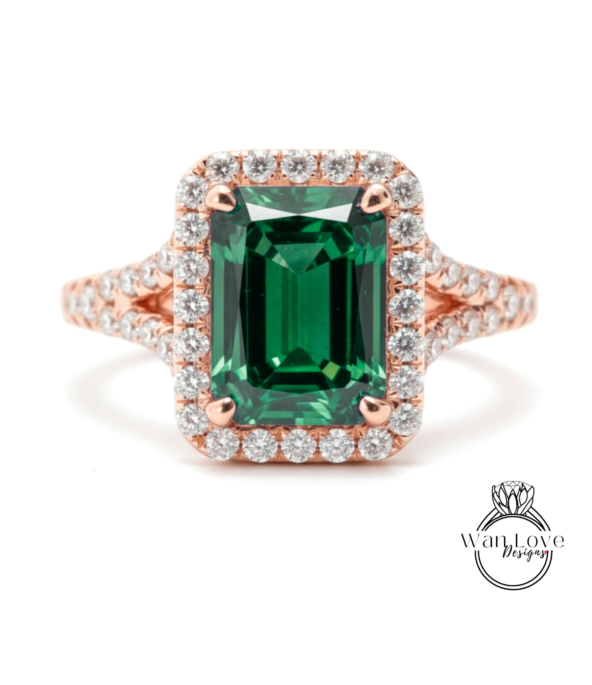 A stunning engagement ring with a large, rectangular green gemstone surrounded by a halo of smaller diamonds set in a rose gold band.