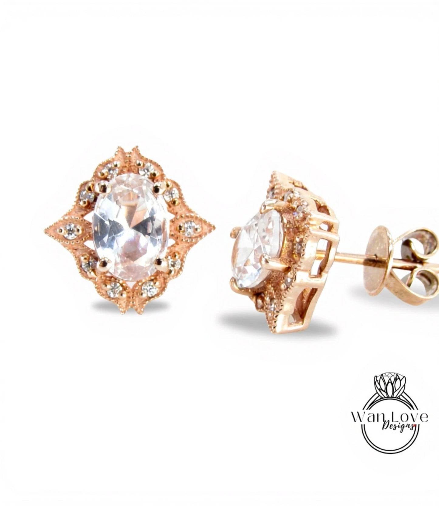 Art deco White Sapphire halo Earrings Unique vintage Moissanite milgrain Bridal studs Oval cut floral Wedding Day Anniversary jewelry gift Wan Love Designs