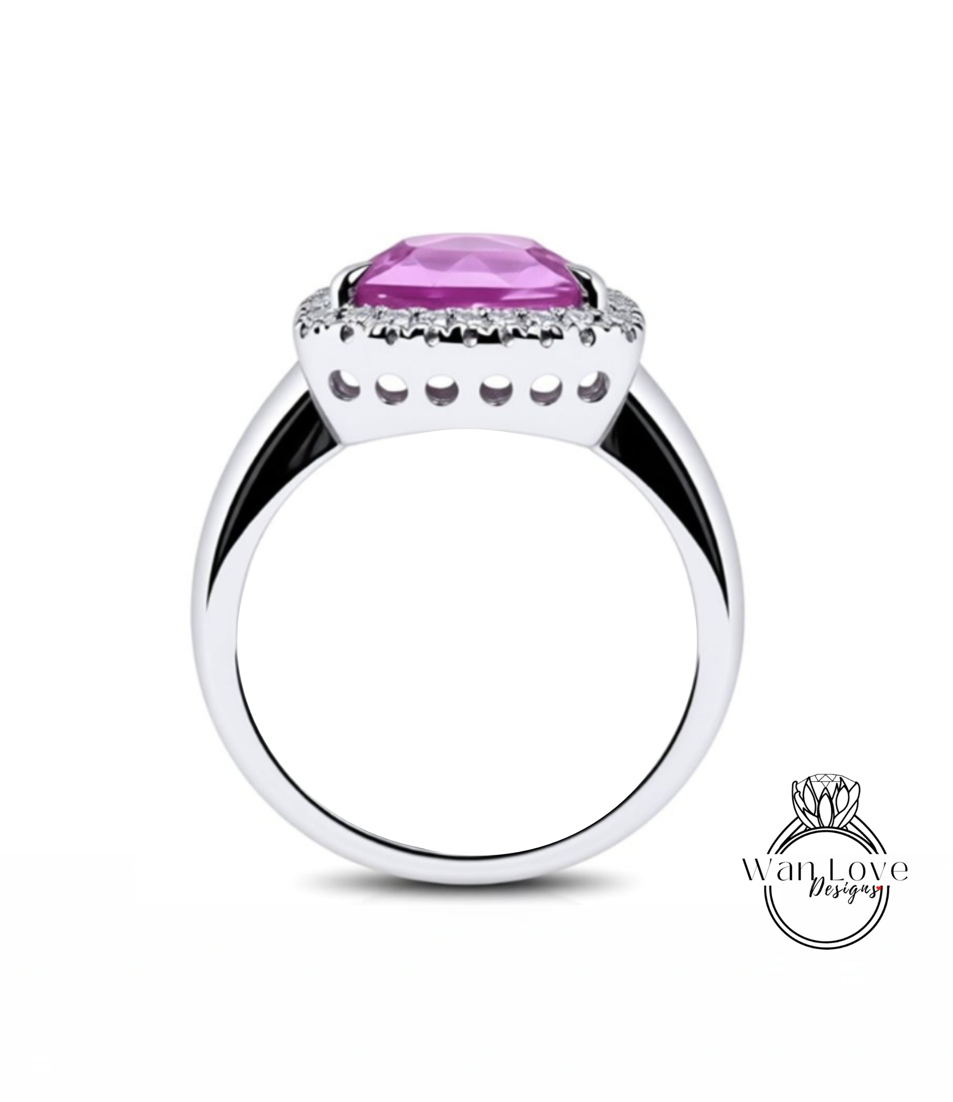 A silver ring with a large, purple gemstone set in the center, surrounded by smaller diamonds.