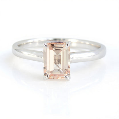 Peach Champagne Sapphire Emerald cut Solitaire Engagement Ring 1ct 7x5mm White Gold Wedding promise ring Anniversary Gift, Ready to Ship Wan Love Designs