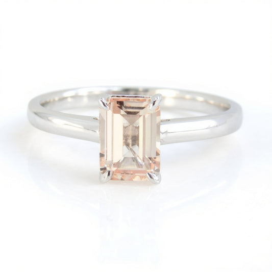 Peach Champagne Sapphire Emerald cut Solitaire Engagement Ring 1ct 7x5mm White Gold Wedding promise ring Anniversary Gift, Ready to Ship Wan Love Designs
