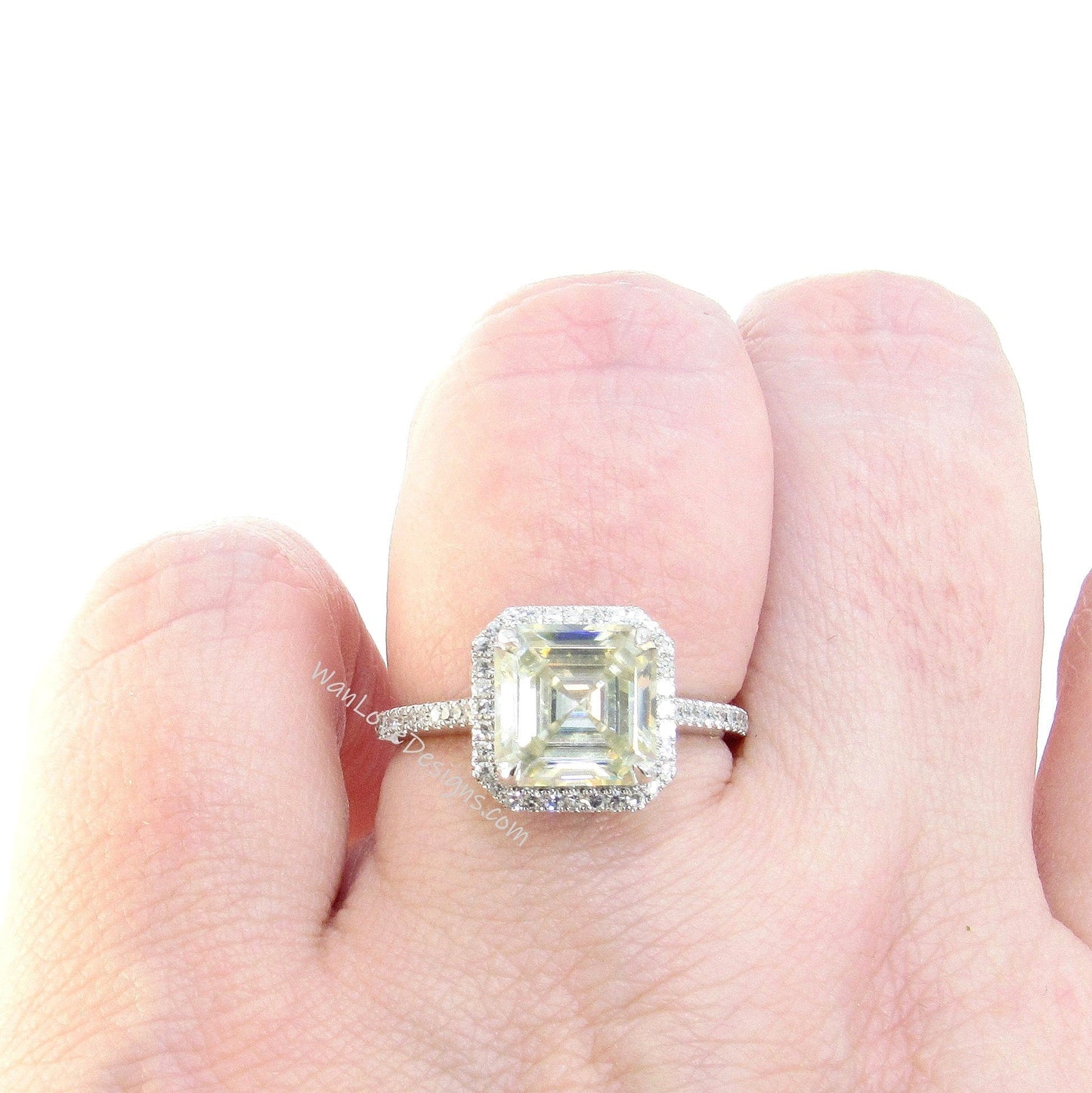 2.5ct Champagne Light Yellow Moissanite & Diamonds Asscher Halo Engagement Ring, Cathedral Floating Halo White Gold Ring, Ready to Ship Ring Wan Love Designs