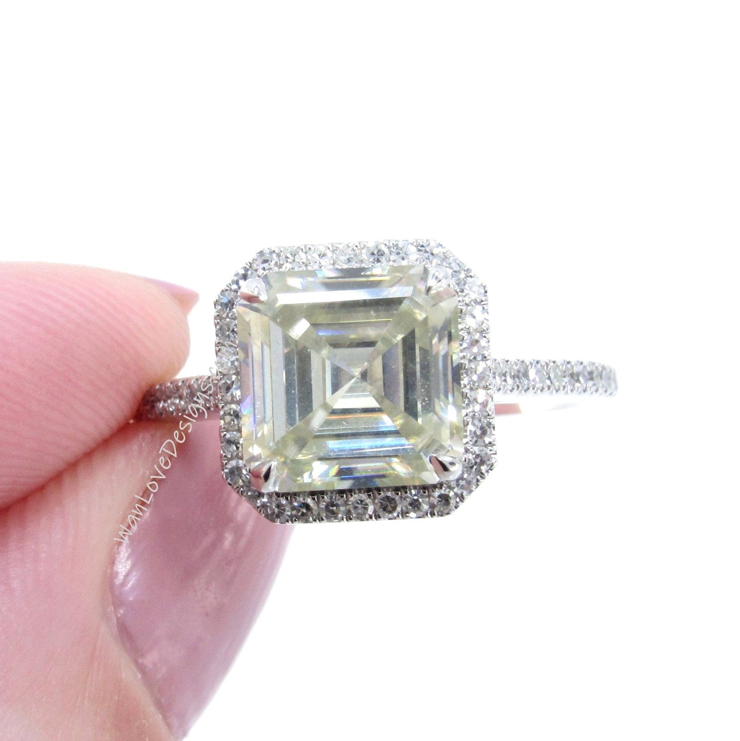 2.5ct Champagne Light Yellow Moissanite & Diamonds Asscher Halo Engagement Ring, Cathedral Floating Halo White Gold Ring, Ready to Ship Ring Wan Love Designs