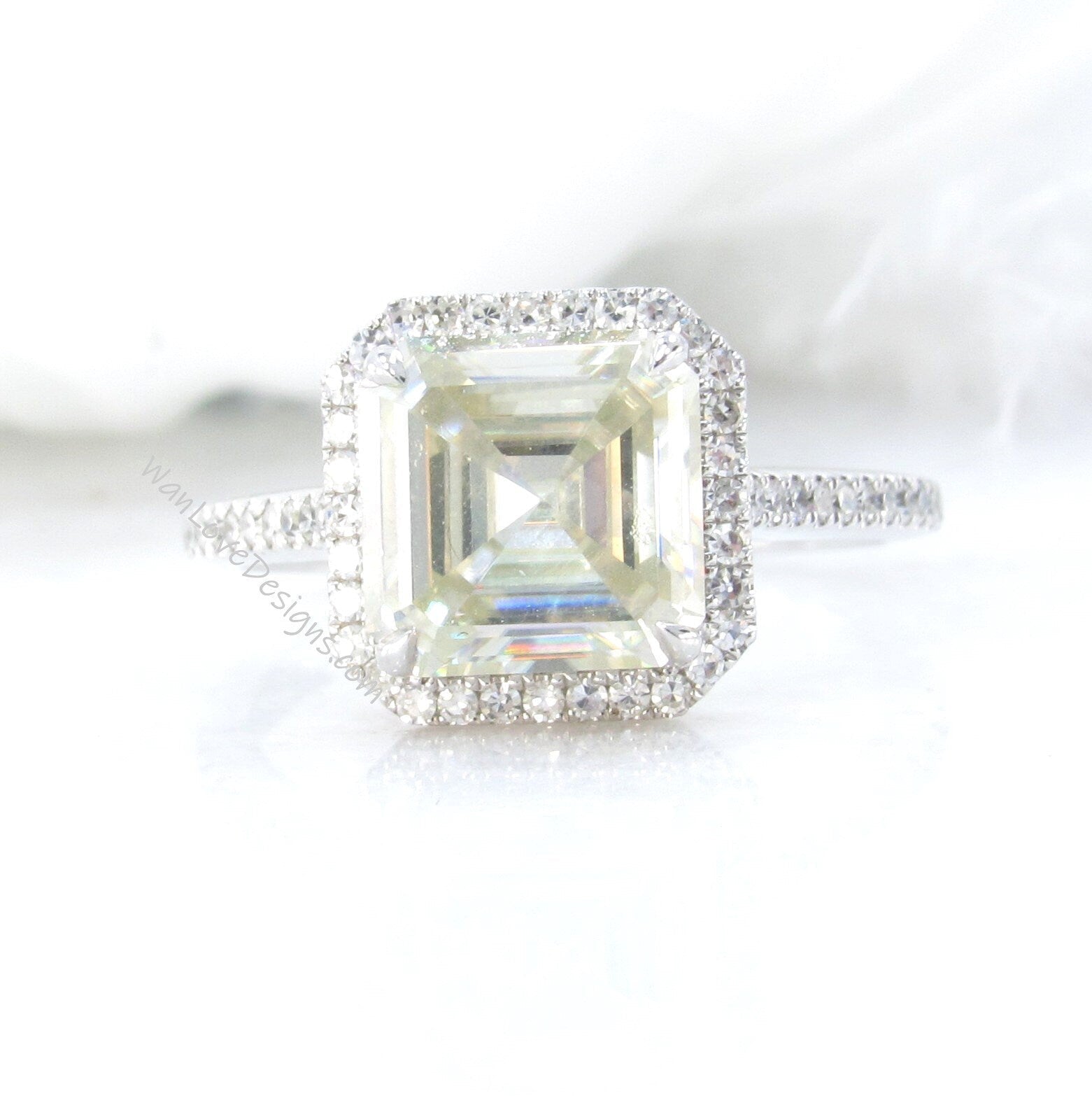 2.5ct Champagne Light Yellow Moissanite & Diamonds Asscher Halo Engagement Ring, Cathedral Floating Halo White Gold Ring, Ready to Ship Ring Wan Love Designs