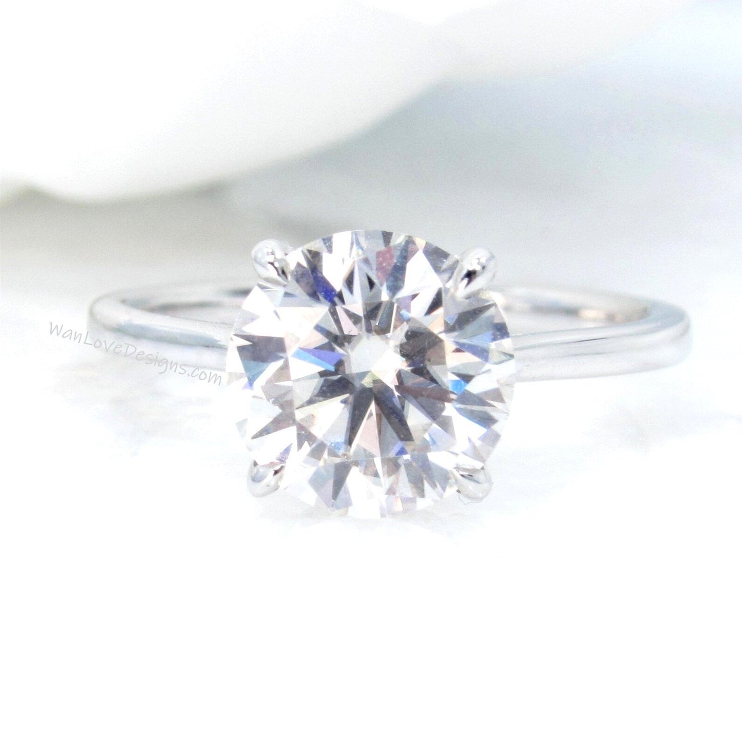 2.5ct Moissanite Round Side Halo Engagement Ring, art deco solitaire ring hidden halo Thin Tapered band ring White Gold bridal wedding ring Wan Love Designs