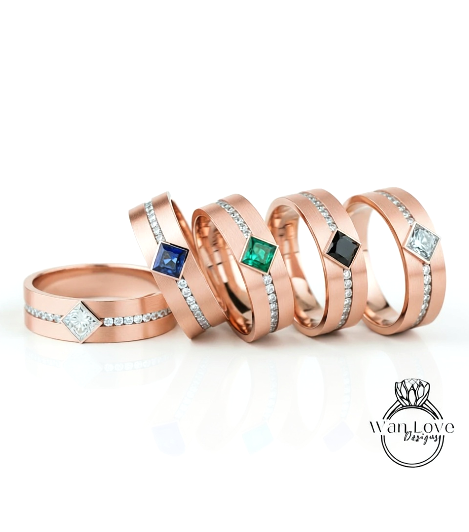 Diamond Mens Wedding Band, Princess Cut kite Set Diamonds Mens Wedding Band, Solid Gold 10k/14k/18k Wedding Ring, Mens Birthstone Ring