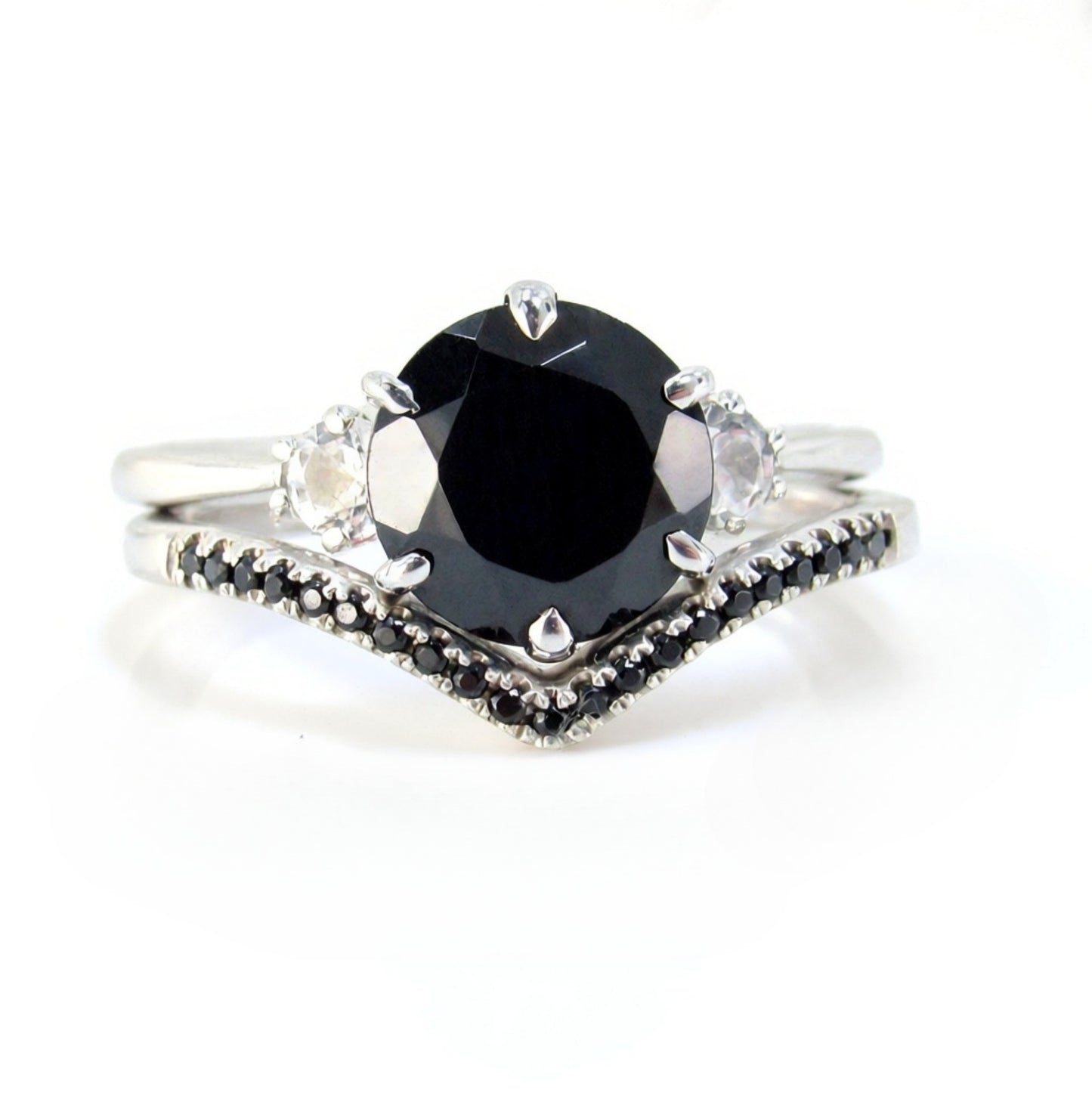 Vintage Round Black Spinel three stone engagement ring Antique White Sapphire ring unique prong wedding bridal ring anniversary promise ring