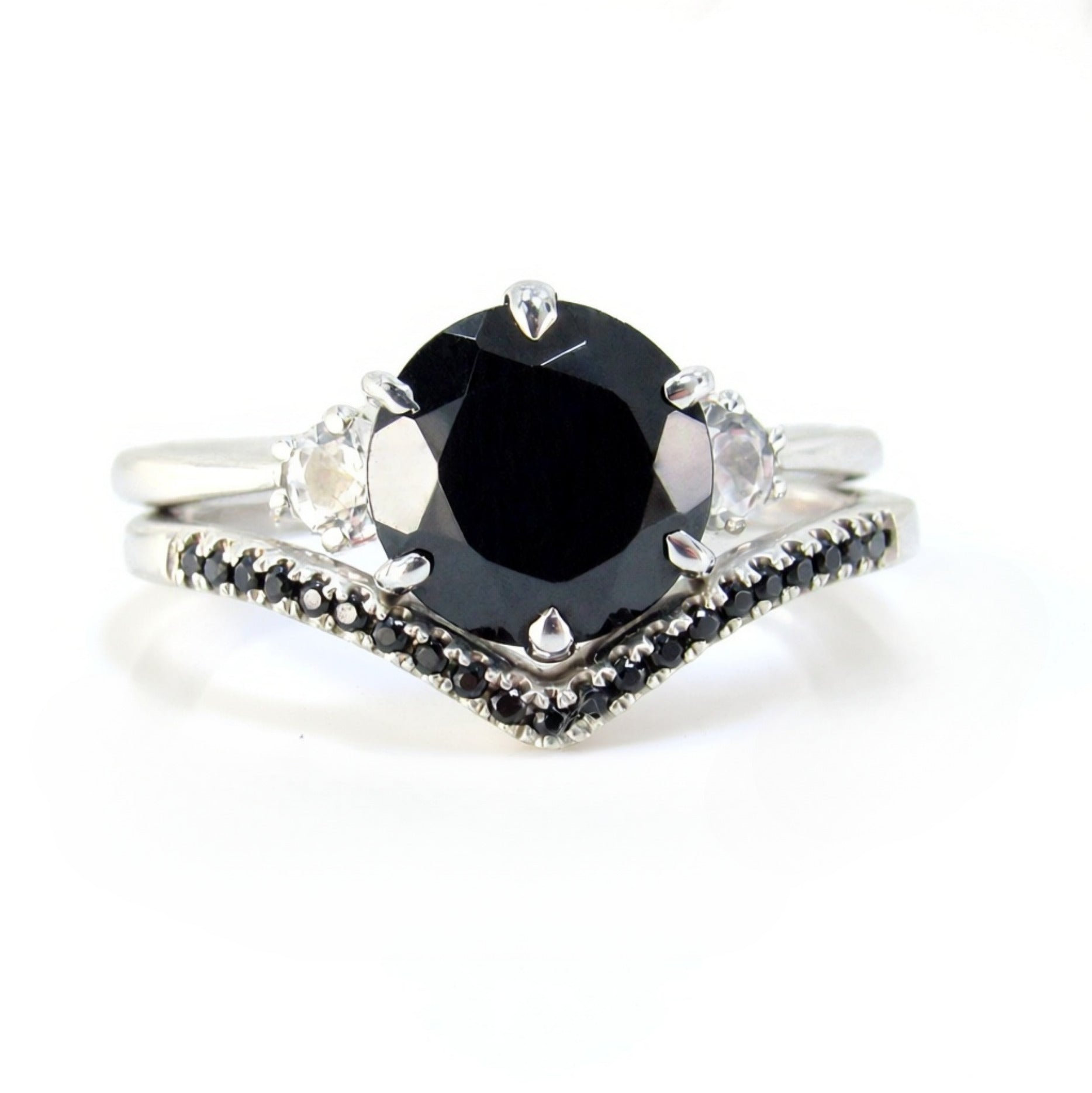 Vintage Round Black Spinel three stone engagement ring Antique White Sapphire ring unique prong wedding bridal ring anniversary promise ring