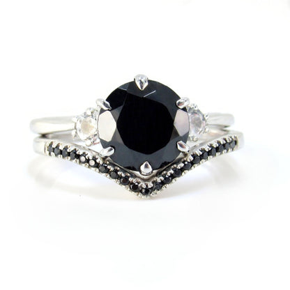 Vintage Round Black Spinel three stone engagement ring Antique White Sapphire ring unique prong wedding bridal ring anniversary promise ring