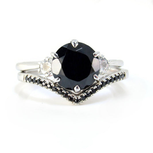 Vintage Round Black Spinel three stone engagement ring Antique White Sapphire ring unique prong wedding bridal ring anniversary promise ring