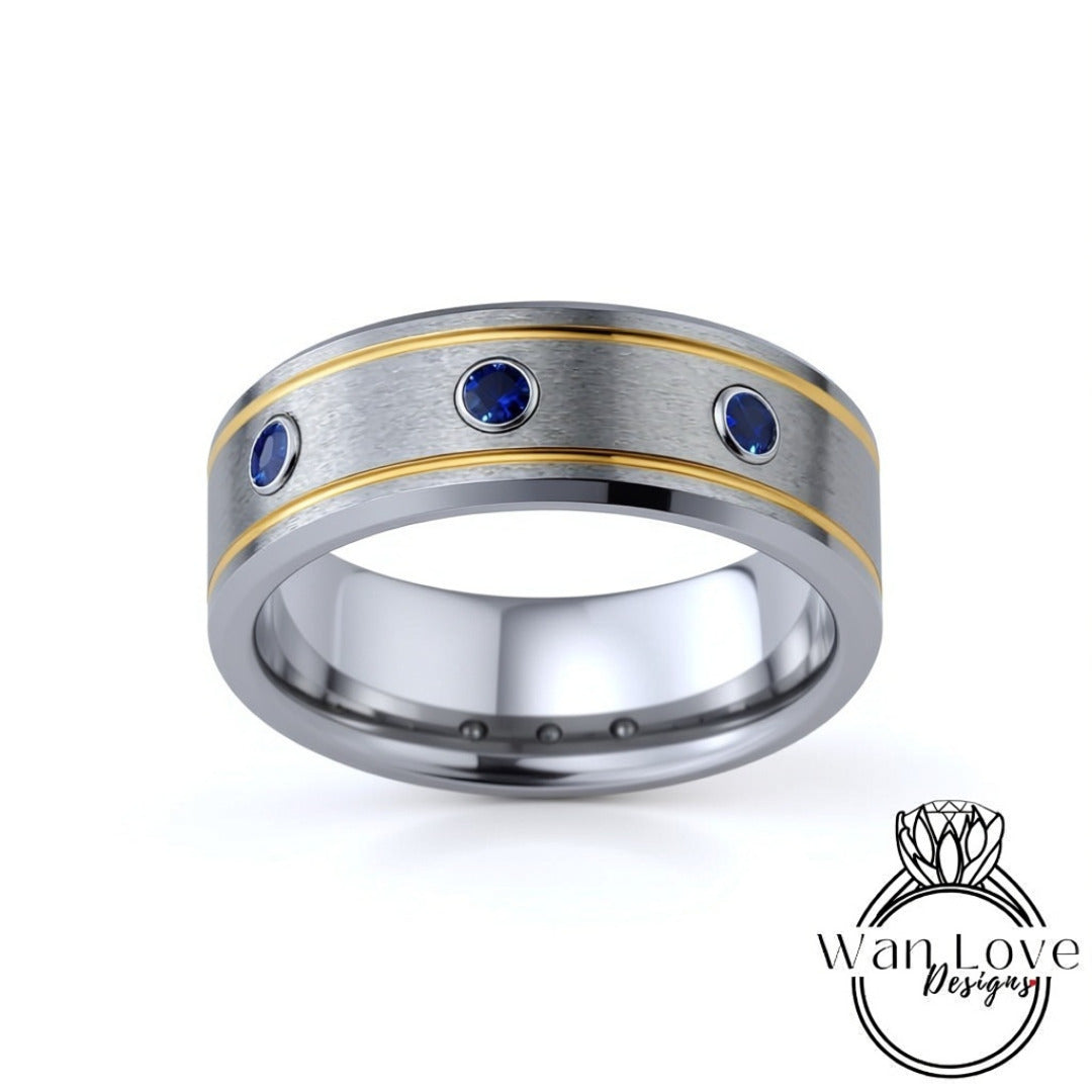 Men's 3 Gem Stone Moissanite Sapphire Wedding Band, 2 tone Gold Grooved Tungsten Wedding Ring, Mens Engagement Ring Wedding, Man Anniversary Wan Love Designs