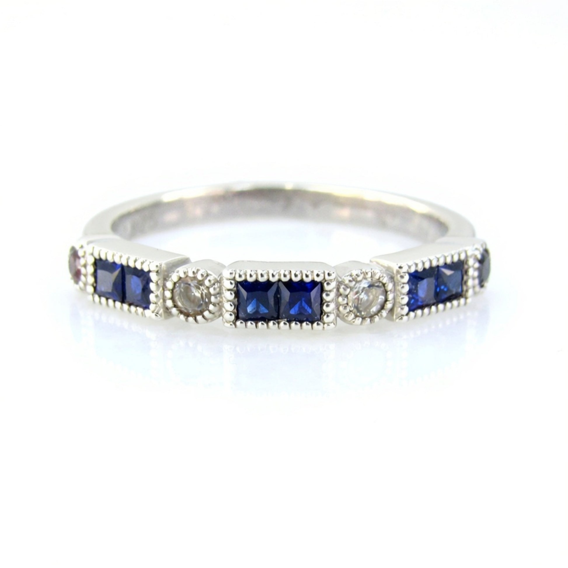 Blue Sapphire Milgrain band art deco Bezel Princess Baguette ring Round Half Eternity Wedding Band bridal promise Ring for her Ready to ship Wan Love Designs