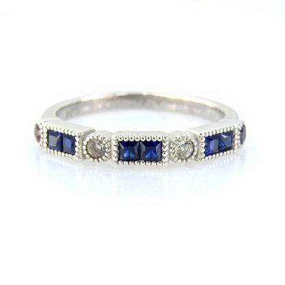 Blue Sapphire Milgrain band art deco Bezel Princess Baguette ring Round Half Eternity Wedding Band bridal promise Ring for her Ready to ship Wan Love Designs