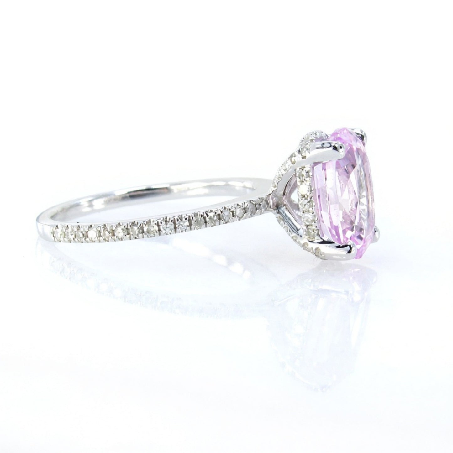 Light Pink Sapphire & Diamond Side Halo Oval Engagement Ring, Basket prongs, 3.5ct 10x7mm, White Gold Custom Wedding-Ready to Ship Wan Love Designs