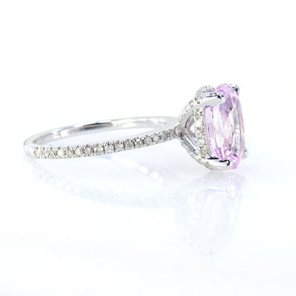 Light Pink Sapphire & Diamond Side Halo Oval Engagement Ring, Basket prongs, 3.5ct 10x7mm, White Gold Custom Wedding-Ready to Ship Wan Love Designs