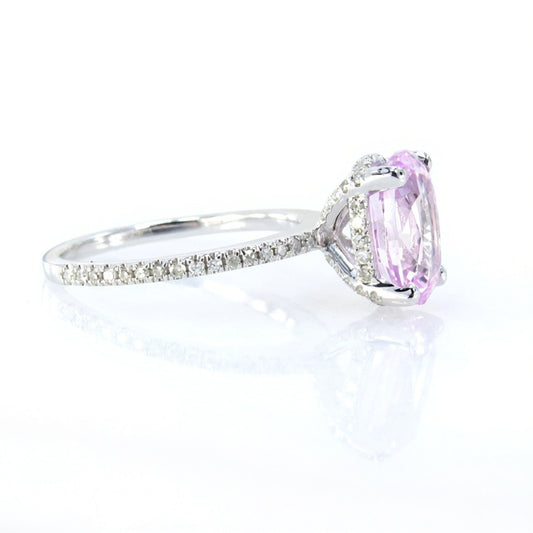 Light Pink Sapphire & Diamond Side Halo Oval Engagement Ring, Basket prongs, 3.5ct 10x7mm, White Gold Custom Wedding-Ready to Ship Wan Love Designs