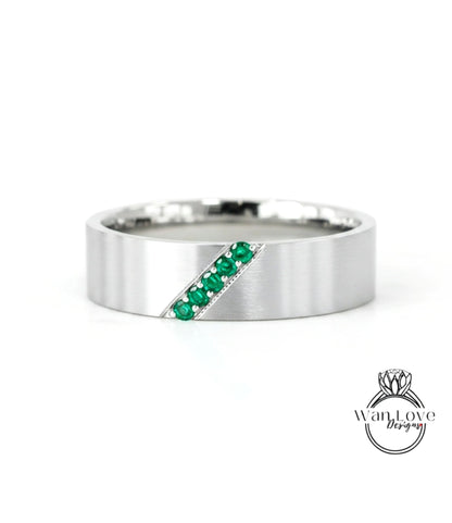 Diagonal Men's Sapphire Ring - Sapphire Ring Men - Diamonds Wedding Band - 5mm Band Moissanite - Unique Mens Band - 14k Gold - Ring For Men