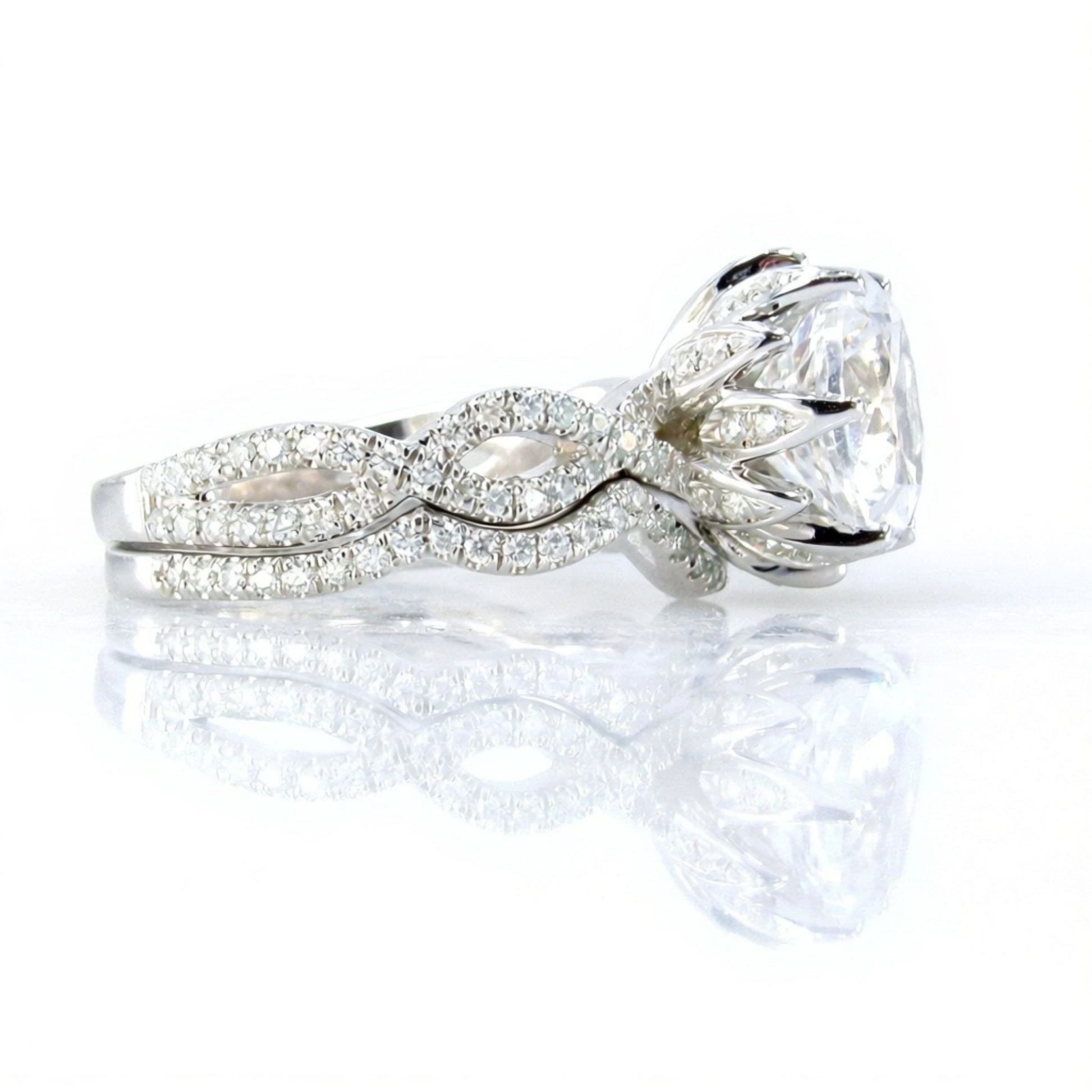 Ready to Ship Lotus Flower White Sapphire & Moissanite Infinity Twist Shank Engagement Ring Set, Nesting Wedding Band, 3ct 9mm Custom, Gift Wan Love Designs