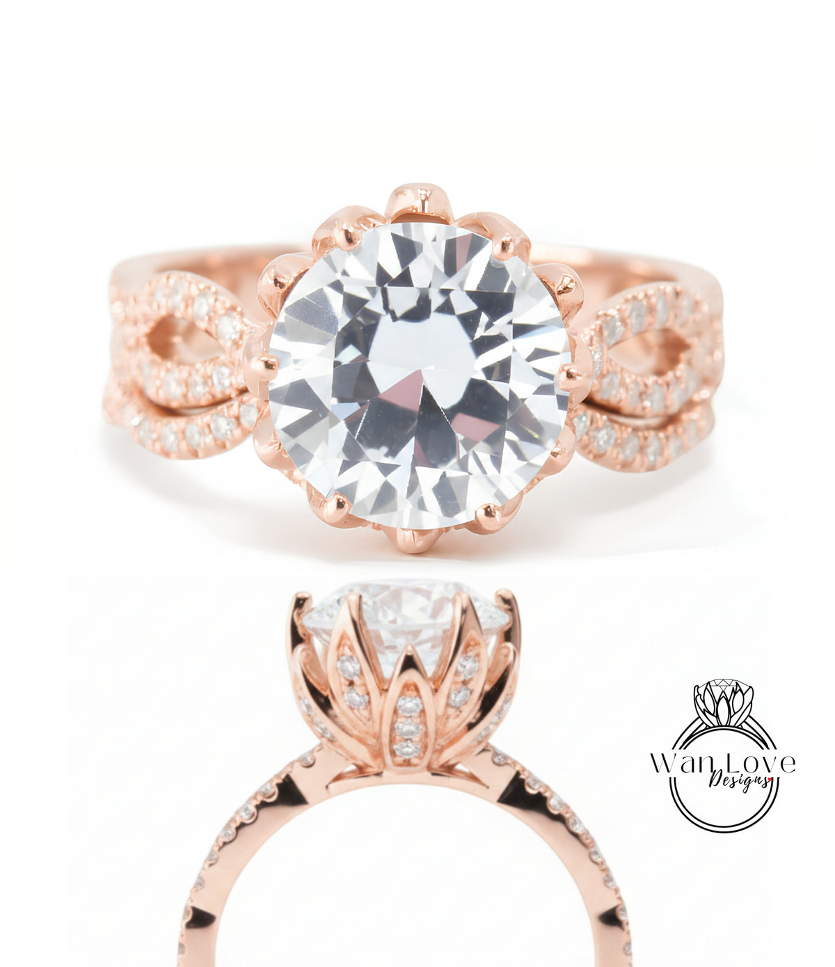 a beautiful rose gold ring with a large, clear gemstone set in the center. The ring has a delicate, intricate design with a floral motif and a prominent, sparkling gemstone.