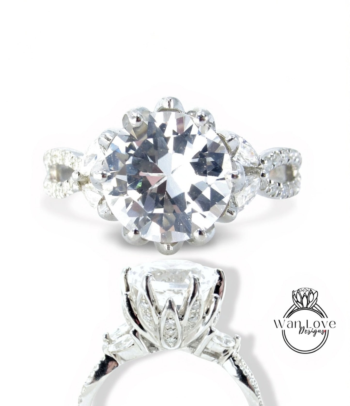 A close-up view of a large, sparkling diamond engagement ring with a large central diamond surrounded by smaller diamonds and a halo of smaller diamonds.