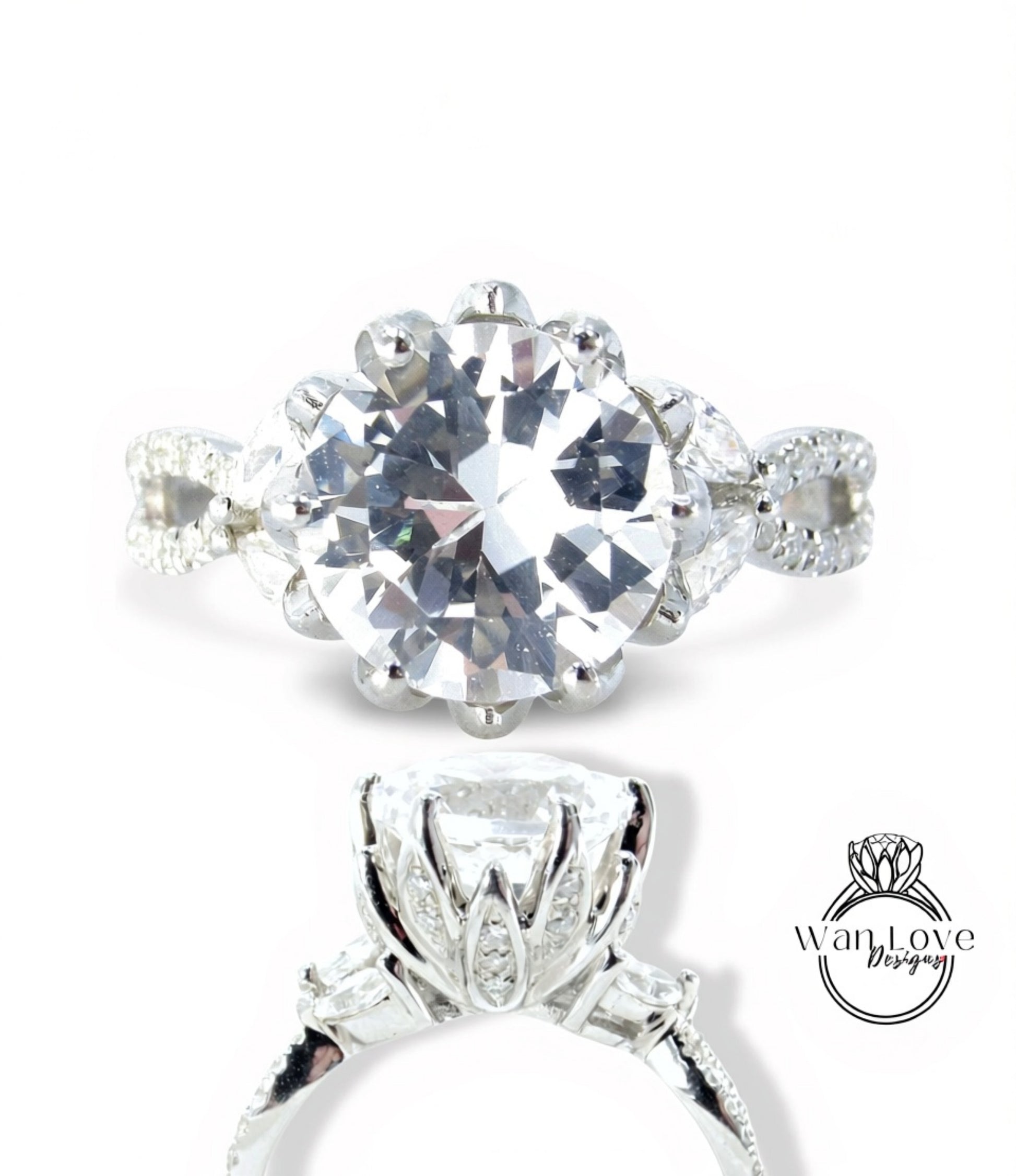 A close-up view of a large, sparkling diamond engagement ring with a large central diamond surrounded by smaller diamonds and a halo of smaller diamonds.