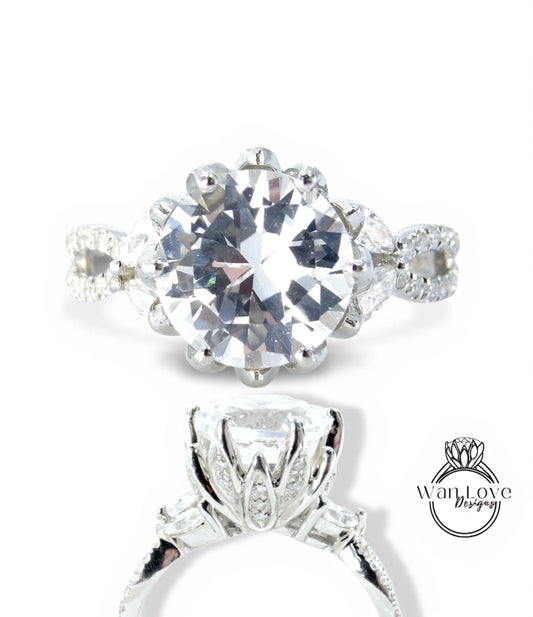 A close-up view of a large, sparkling diamond engagement ring with a large central diamond surrounded by smaller diamonds and a halo of smaller diamonds.