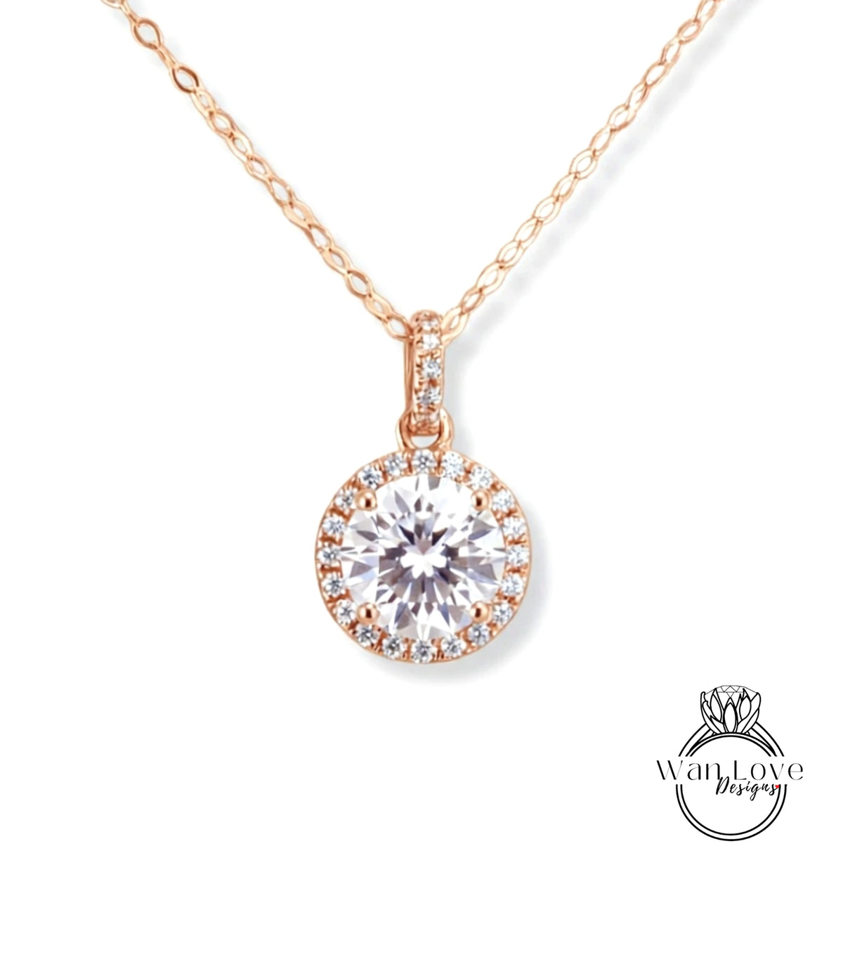 A necklace with a large, clear gemstone pendant in the center, surrounded by a halo of smaller diamonds.