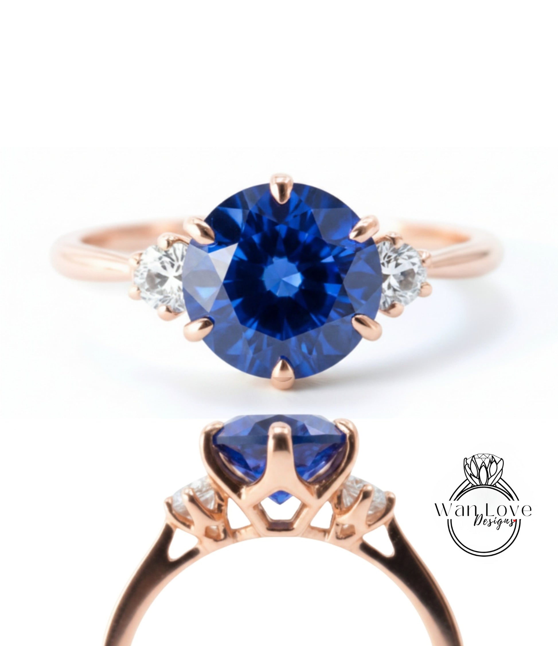 a beautiful blue sapphire engagement ring with a rose gold band and three diamonds.