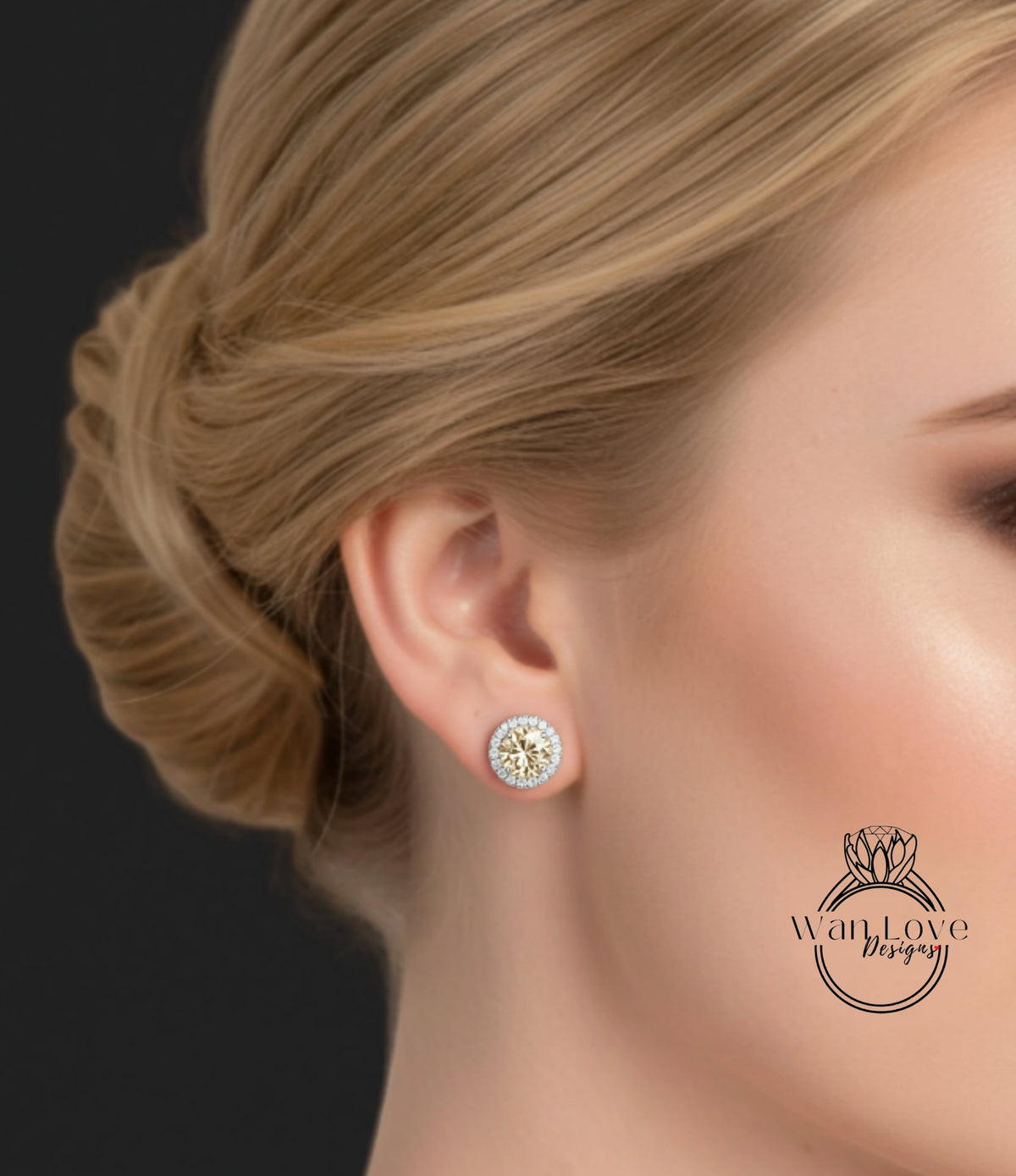 A close-up of a woman's face, focusing on her ear with a diamond earring.