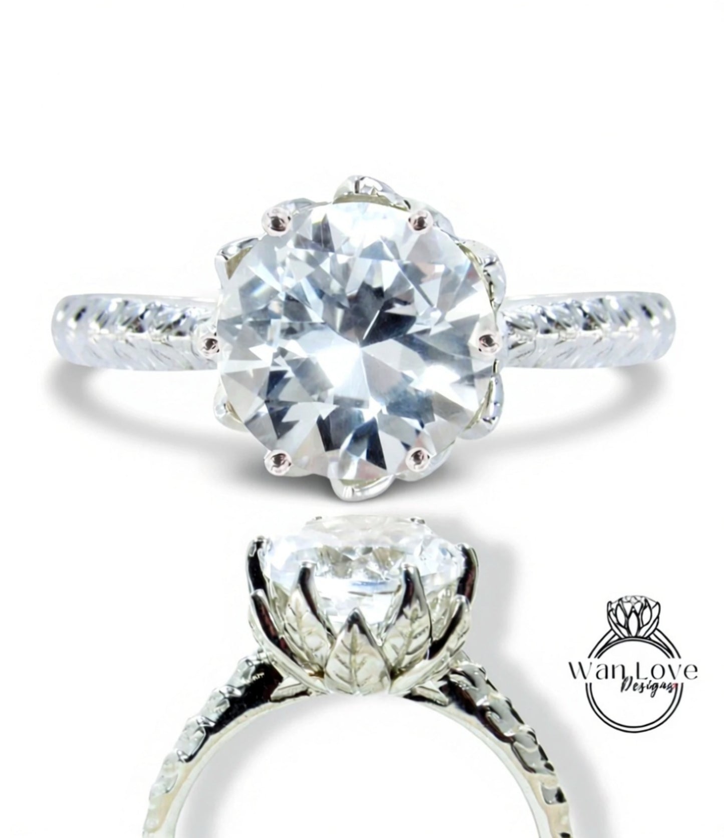 Unique White Sapphire engagement ring Lotus Flower Leaf Art deco Vintage engagement ring women Antique Flower Bridal Anniversary gift, Ready