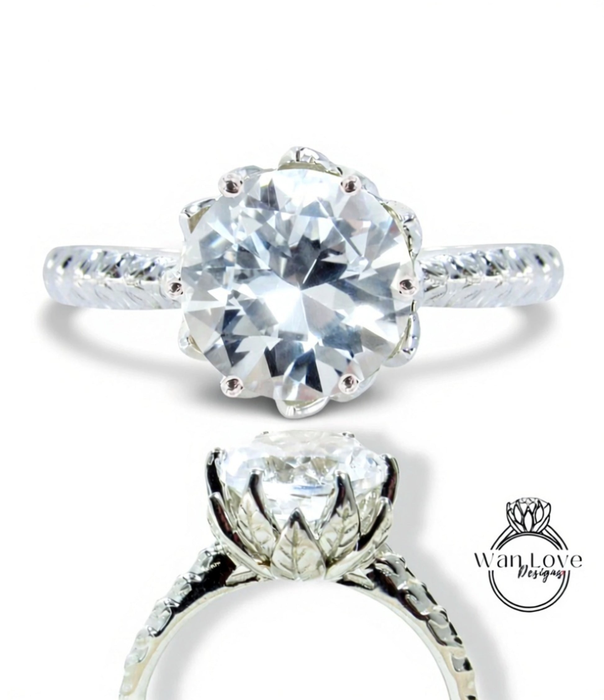 Unique White Sapphire engagement ring Lotus Flower Leaf Art deco Vintage engagement ring women Antique Flower Bridal Anniversary gift, Ready
