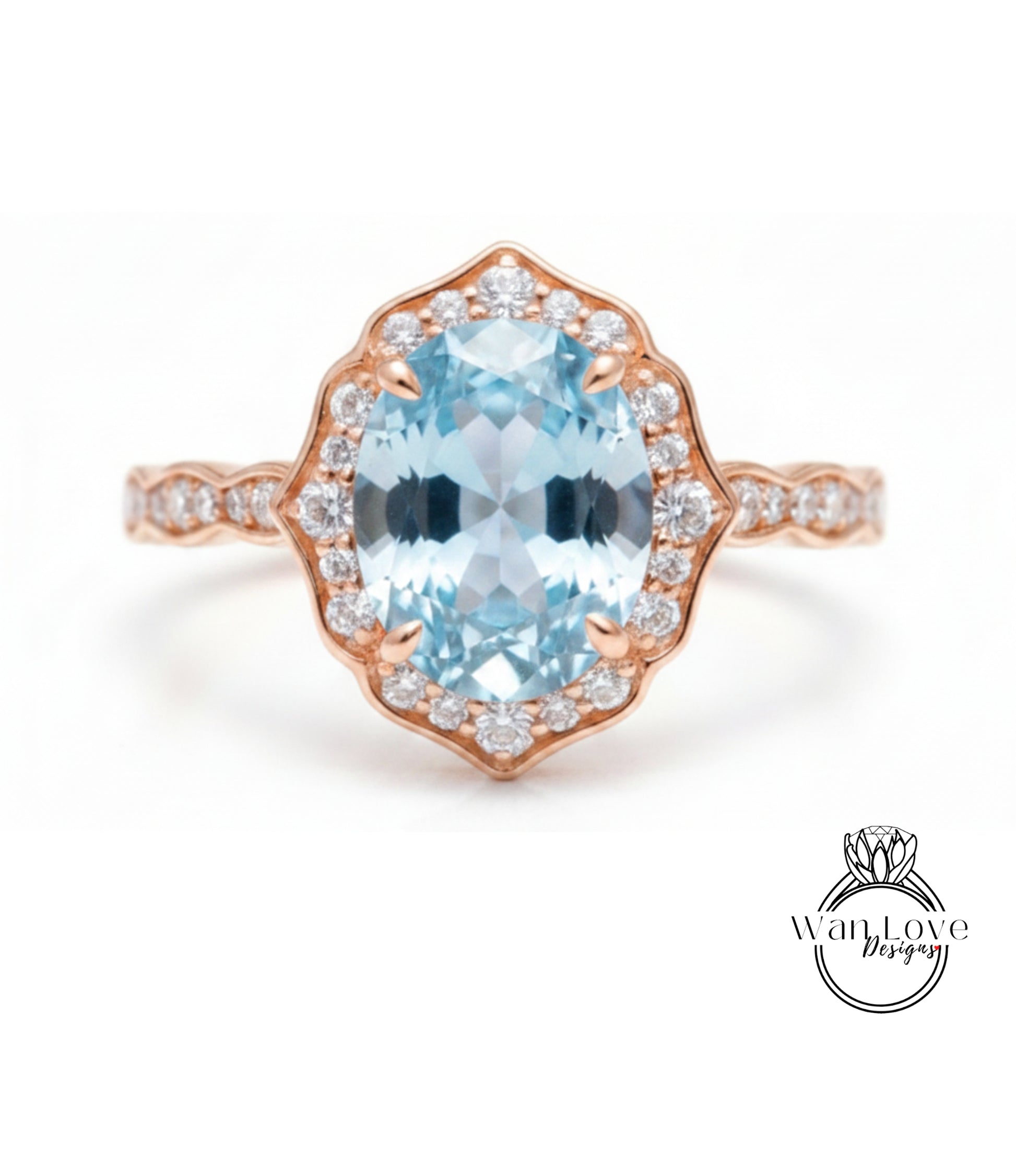A beautiful ring featuring a large oval-shaped blue gemstone surrounded by a halo of smaller diamonds set in a rose gold band.