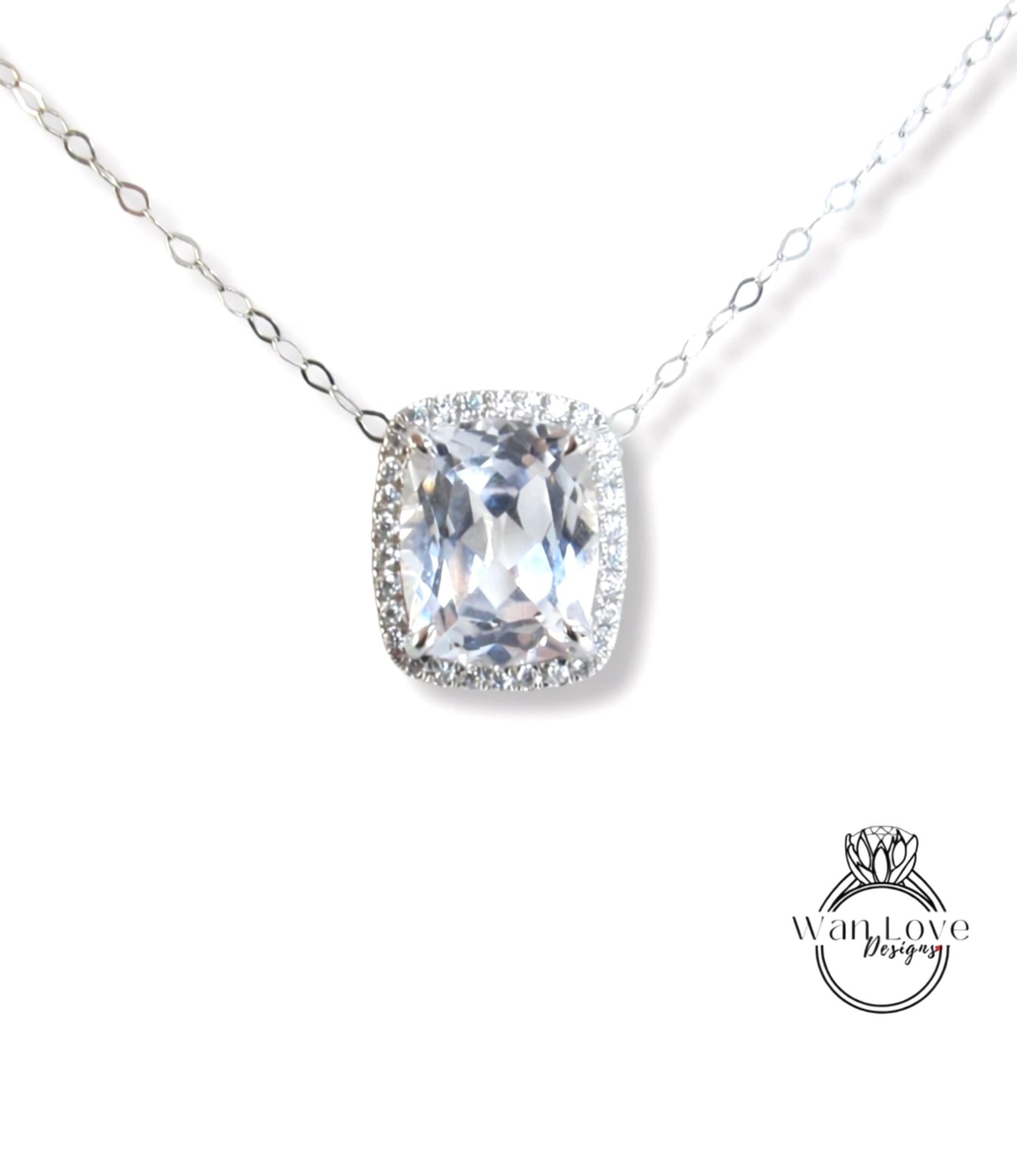 Moissanite Cushion Halo Diamond Necklace, Elongated Cushion Halo Necklace, Birthstone and Diamond Necklace, 18K White Gold Cushion Pendant