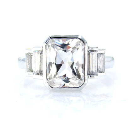 White Sapphire Emerald Baguette Bezel Engagement Ring art deco 3ct radiant bezel white gold ring wedding promise ring anniversary gift-Ready