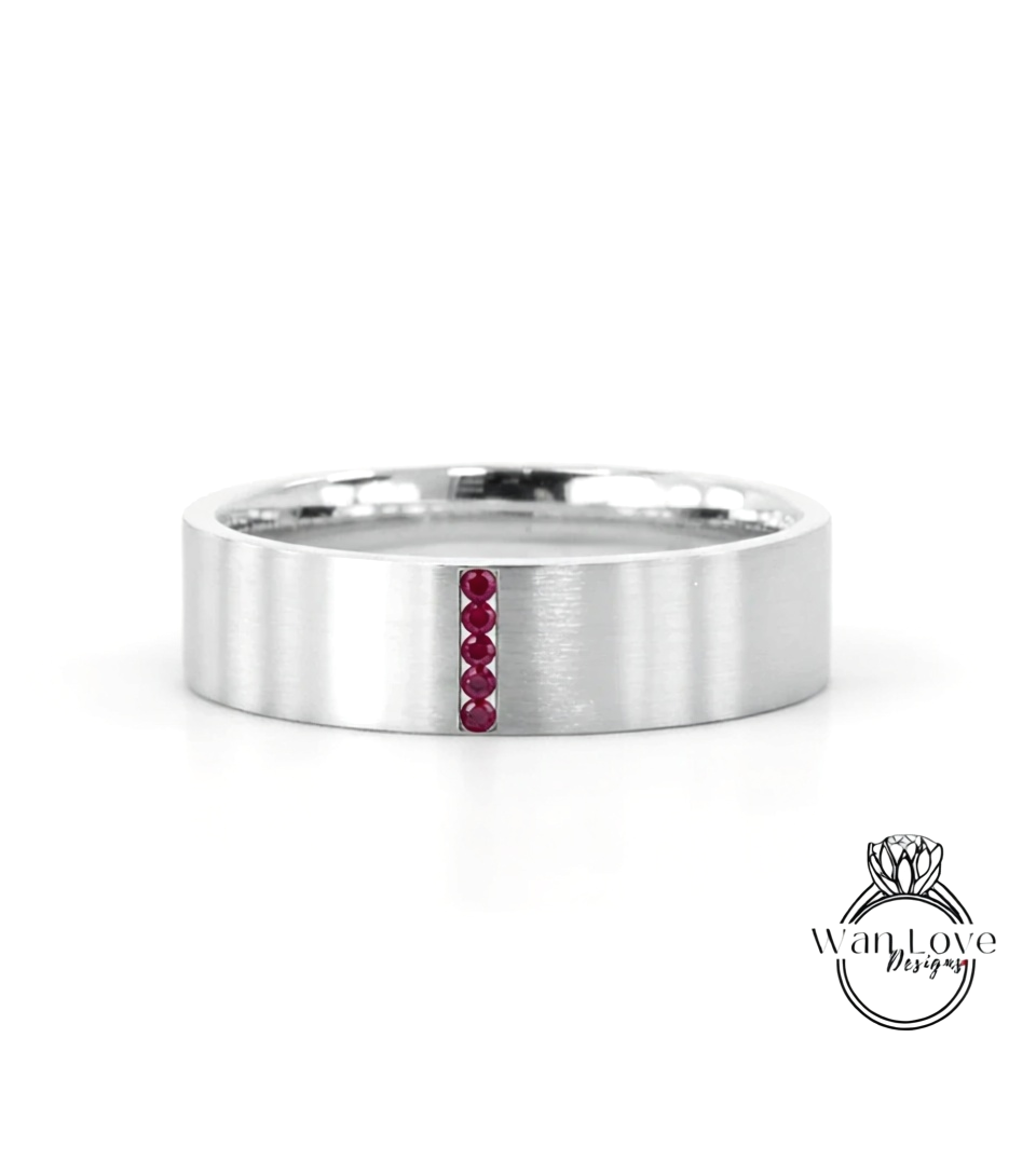 Solid gold men band flat wedding band Vintage Art deco Saphire band 14k solid white gold wedding band unique Bridal ring Anniversary Gift