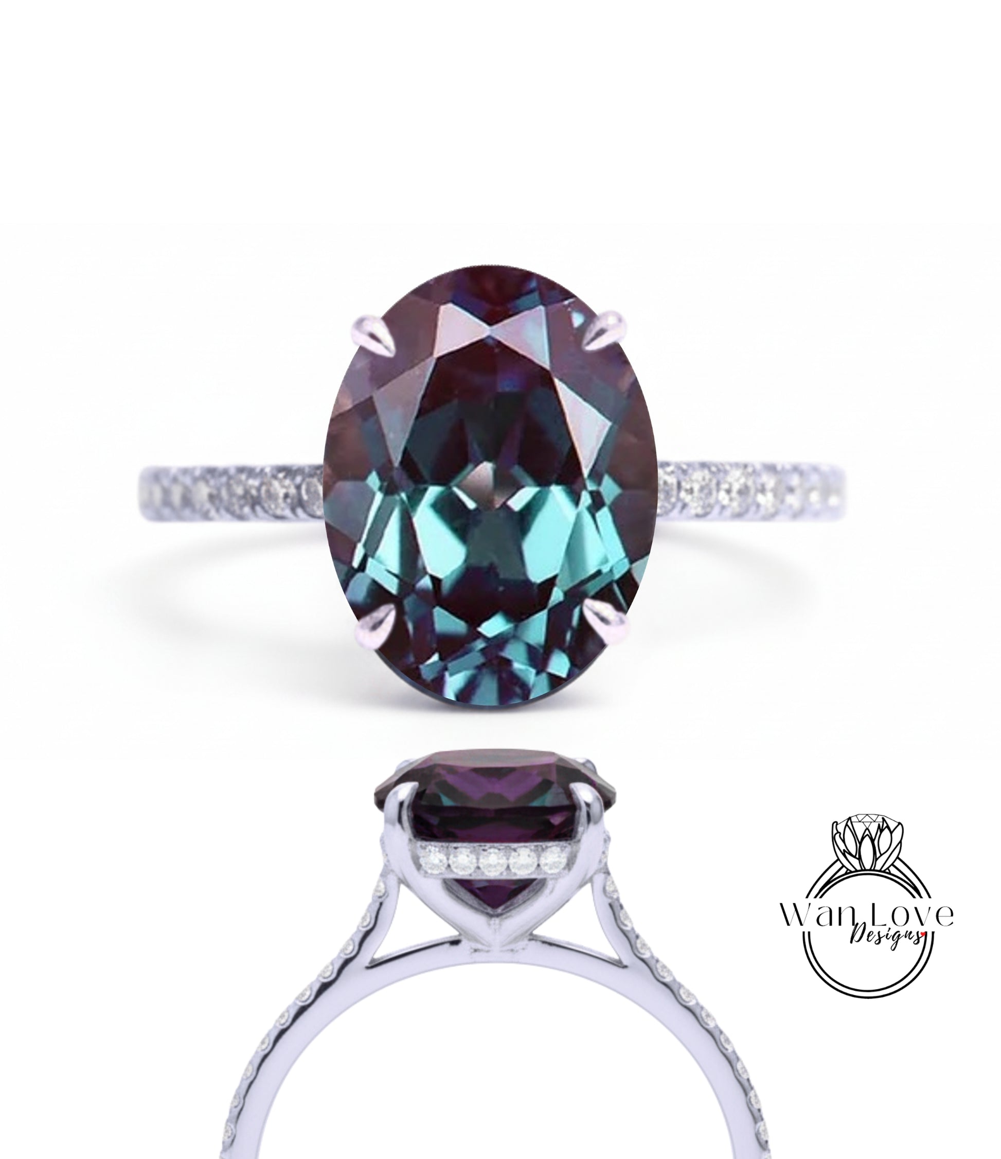 a stunning engagement ring with a large oval-shaped gemstone set in a silver band. The gemstone has a deep purple hue and is surrounded by smaller diamonds, creating a striking and elegant design.