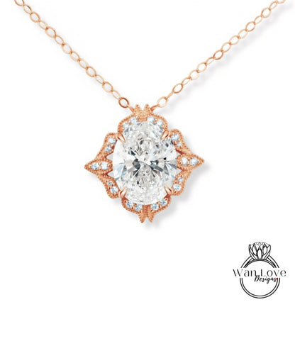 Diamond Antique Oval Cut Pendant, Milgrain Halo Pendant, Charm Pendant, Bridal Wedding jewelry Pendant, Anniversary Gift,Unique Birthstone Pendant