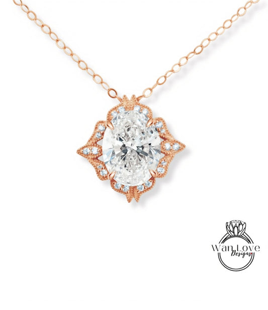 Diamond Antique Oval Cut Pendant, Milgrain Halo Pendant, Charm Pendant, Bridal Wedding jewelry Pendant, Anniversary Gift,Unique Birthstone Pendant
