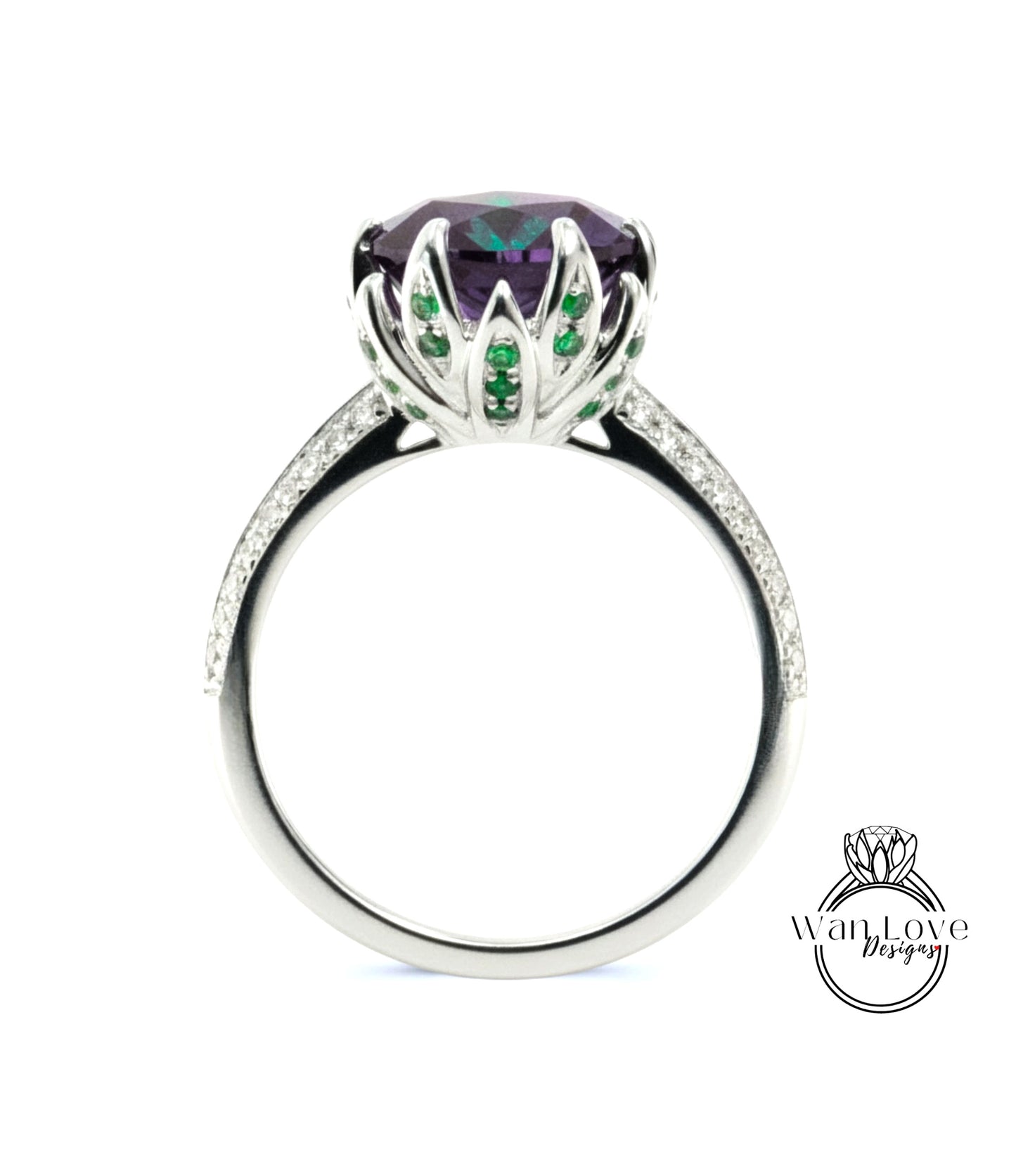 A silver ring with a large purple gemstone at the center, surrounded by green gemstones.