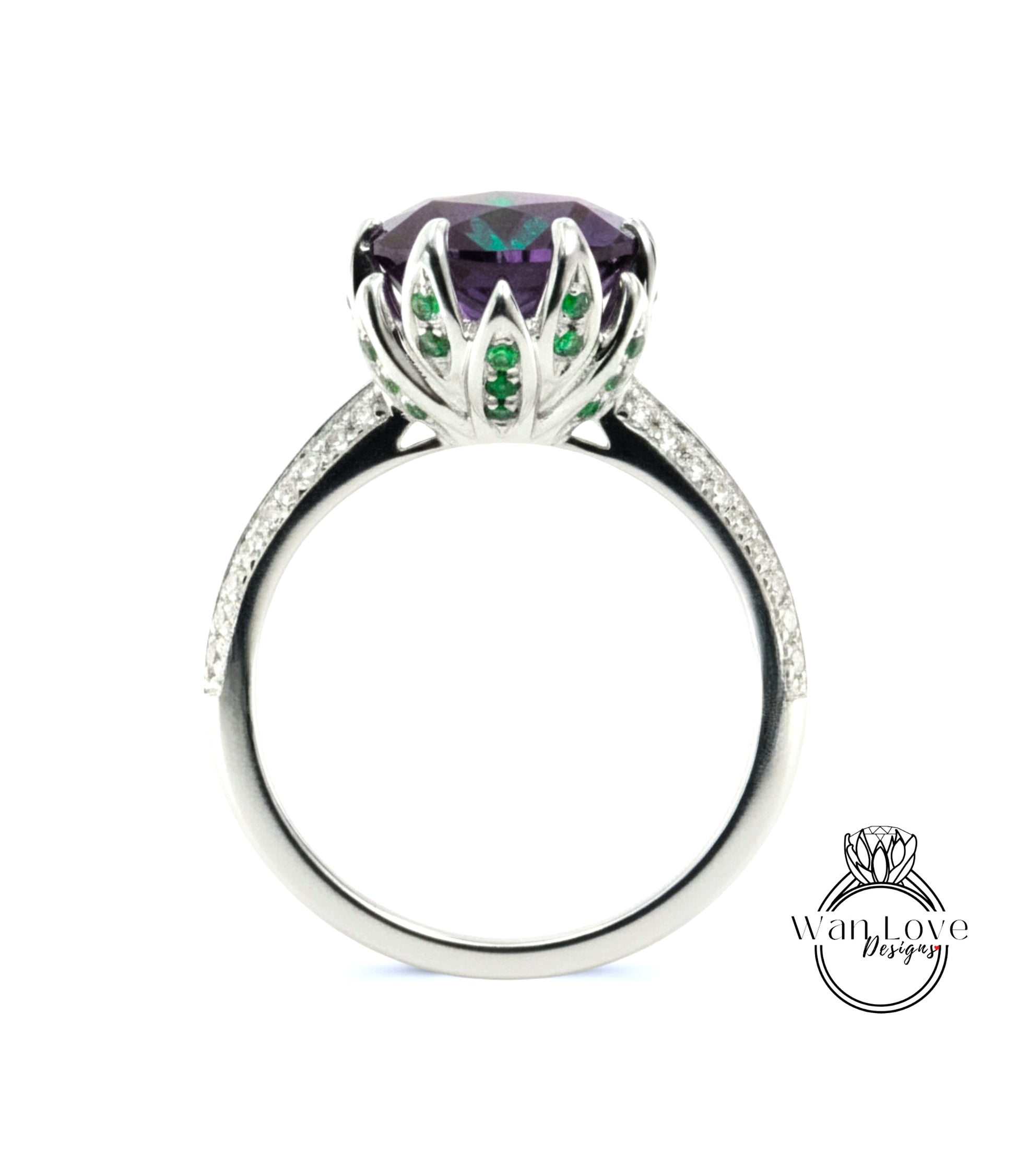 A silver ring with a large purple gemstone at the center, surrounded by green gemstones.