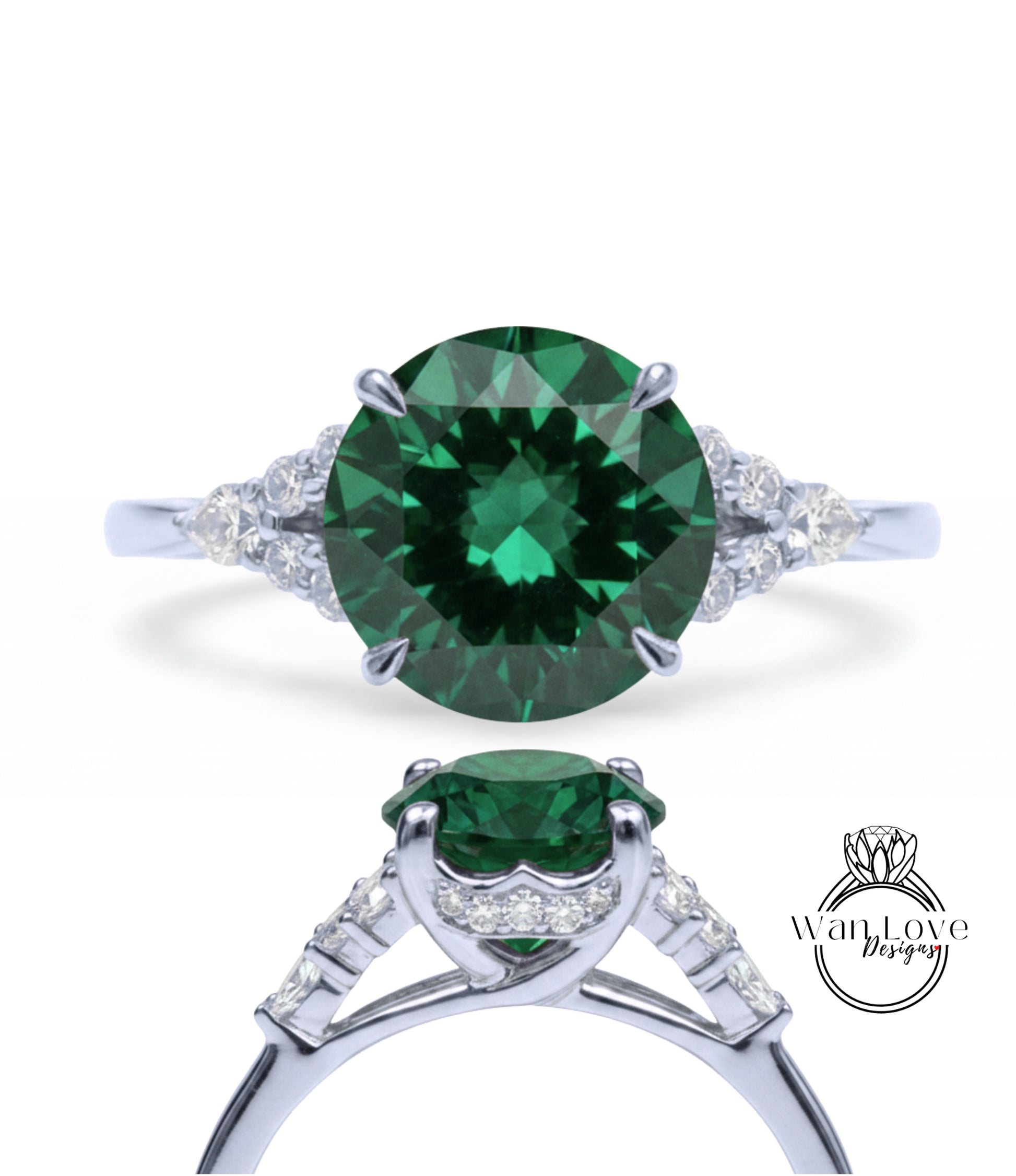 A stunning green gemstone engagement ring with a silver band and diamond accents.
