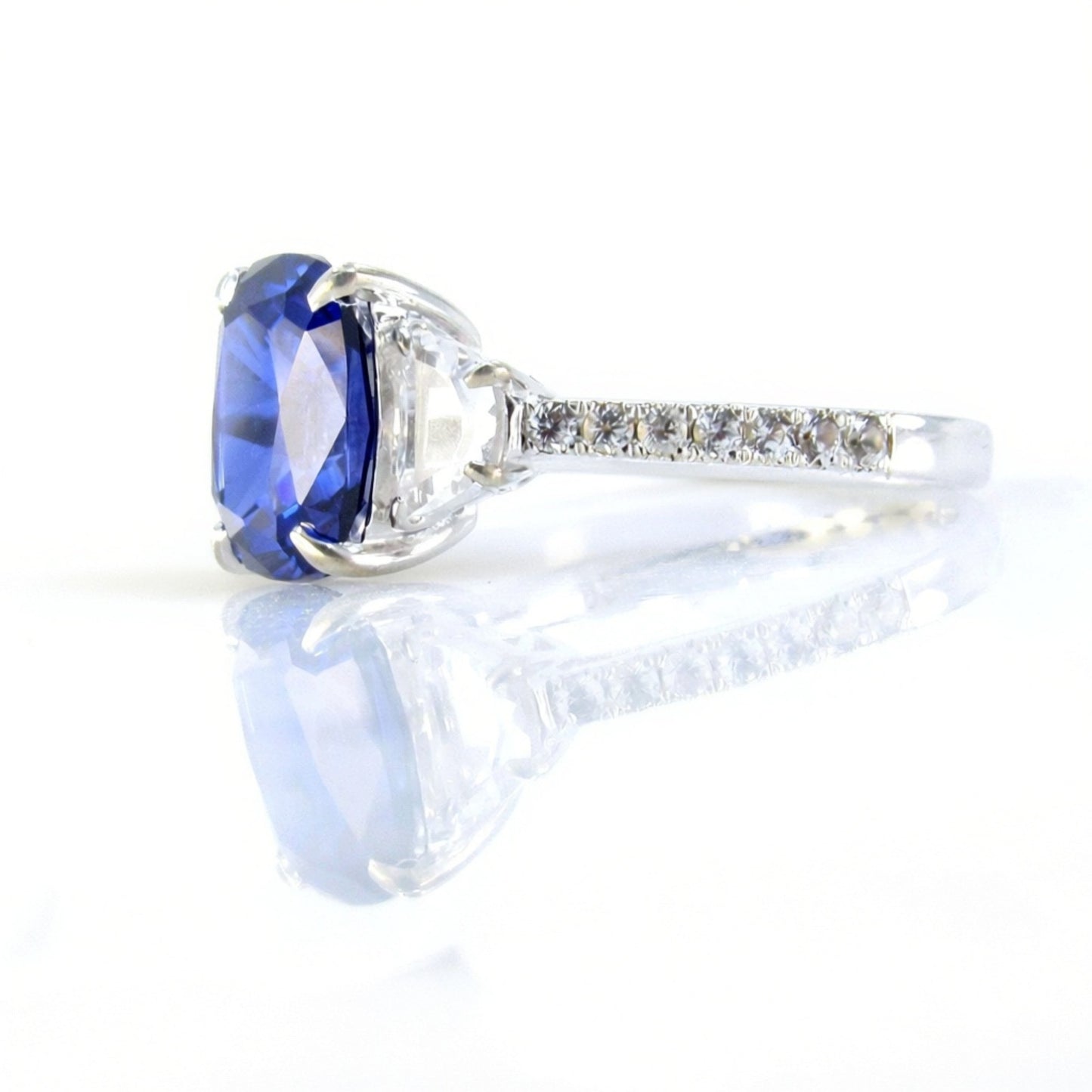 Blue White Sapphire Elongated Cushion Half moon Engagement Ring 4ct art deco three gem stone ring 3 gemstone wedding bridal anniversary gift