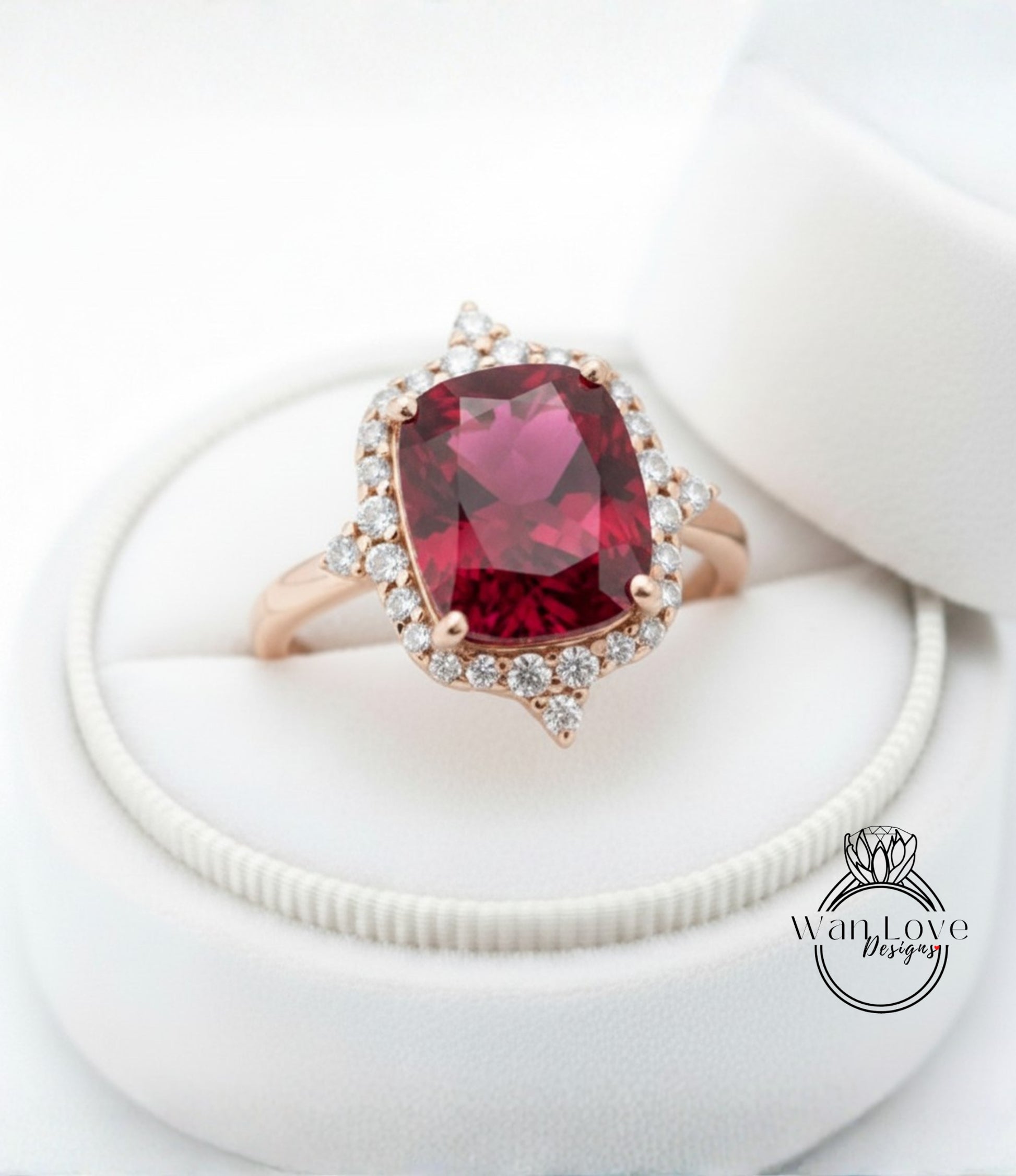 A close-up image of a beautiful red gemstone ring placed in a white jewelry box.