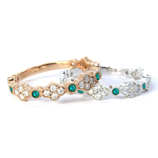 Emerald Diamond Round Clover Wedding Ring, Quatrefoil Band 14K Rose Gold, Moissanite Wedding Jewelry, Bridal Band, Matching Band,Unique Ring