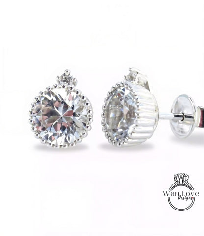 White Sapphire Earrings Milgrain Bezel Set Studs Push back Round cut 1ct each 2cttw 6mm White gold Custom Anniversary Gift Ready to Ship